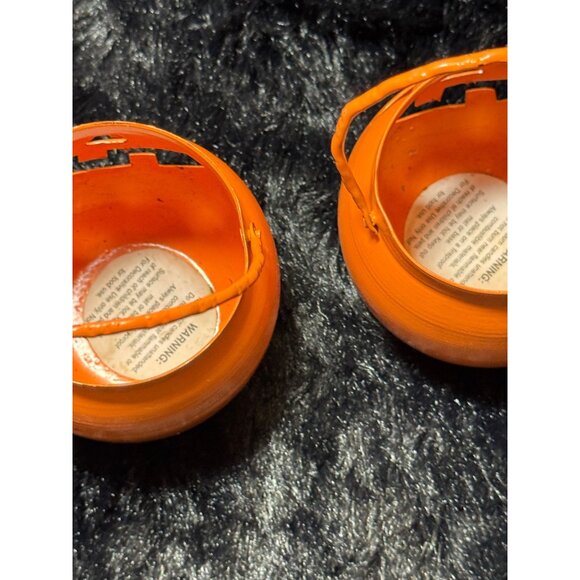 Vintage Hosley Set Of 2 Orange Metal Jack-O-Lantern Candle Halloween - Picture 4 of 5